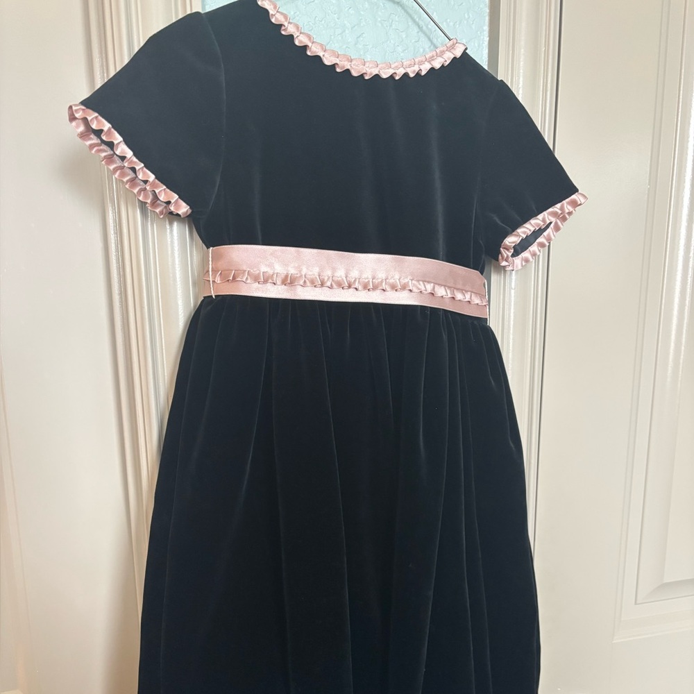 Luli & Me Black Velvet Dress with Pink Trim